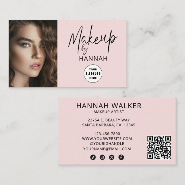 Tarjeta De Visita Blush Pink Script Logo QR Code Photo Makeup (Anverso / Reverso)