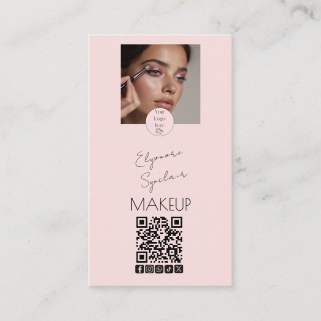 Tarjeta De Visita Blush Pink Script Logo QR Code Photo Makeup (Anverso)