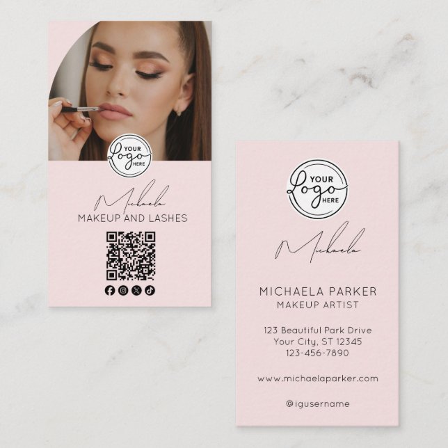 Tarjeta De Visita Blush Pink Script Logo QR Code Photo Makeup (Anverso / Reverso)