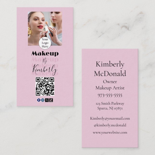 Tarjeta De Visita Blush Pink Script Logo QR Code Photo Makeup (Anverso / Reverso)