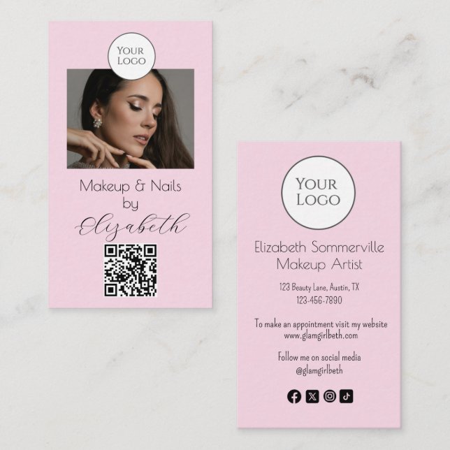 Tarjeta De Visita Blush Pink Script Logo QR Code Photo Makeup  (Anverso / Reverso)