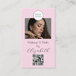 Tarjeta De Visita Blush Pink Script Logo QR Code Photo Makeup 