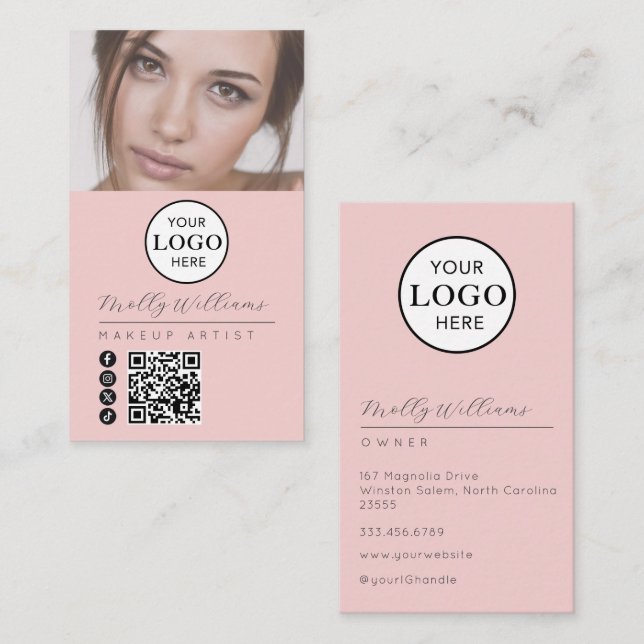 Tarjeta De Visita Blush Pink Script Logo QR Code Photo Makeup (Anverso / Reverso)
