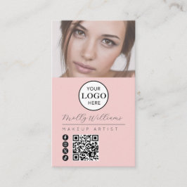 Tarjeta De Visita Blush Pink Script Logo QR Code Photo Makeup