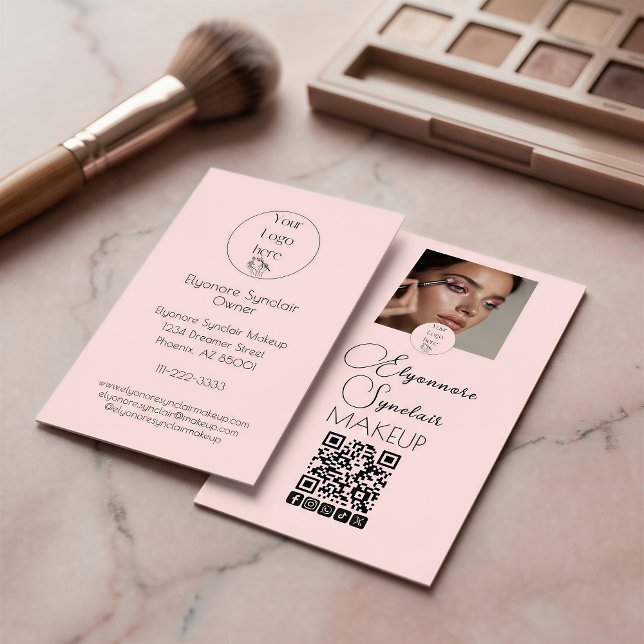Tarjeta De Visita Blush Pink Script Logo QR Code Photo Makeup (Subido por el creador)