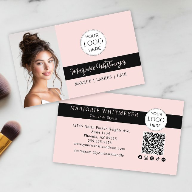 Tarjeta De Visita Blush Pink Script Logo QR Code Photo Makeup (modern black blush pink script photo makeup business card add your logo qr code social media icons)