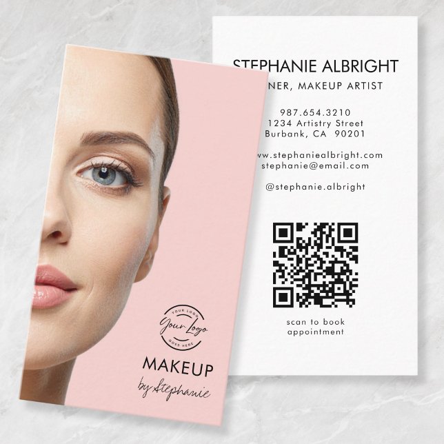 Tarjeta De Visita Blush Pink Script Logo QR Code Photo Makeup (Subido por el creador)