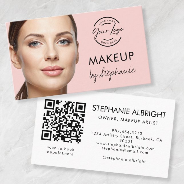 Tarjeta De Visita Blush Pink Script Logo QR Code Photo Makeup (Subido por el creador)