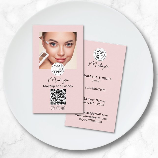 Tarjeta De Visita Blush Pink Script Logo QR Code Photo Makeup (Subido por el creador)