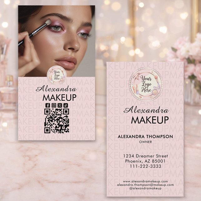 Tarjeta De Visita Blush Pink Script Logo QR Code Photo Makeup (Subido por el creador)