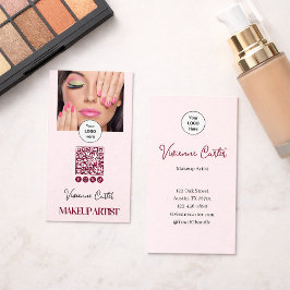 Tarjeta De Visita Blush Pink Script Logo QR Code Photo Makeup