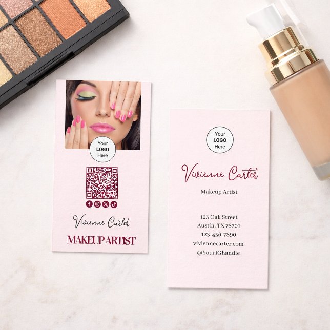 Tarjeta De Visita Blush Pink Script Logo QR Code Photo Makeup (Makeup Artist Blush Pink Business Card with Photo)