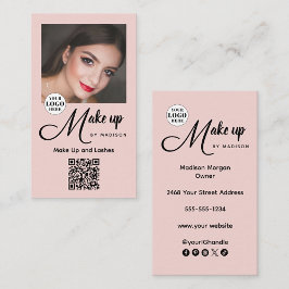 Tarjeta De Visita Blush Pink Script Logo QR Code Photo Makeup