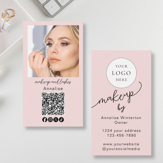 Tarjeta De Visita Blush Pink Script Logo QR Code Photo Makeup (Subido por el creador)