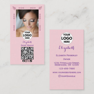 Tarjeta De Visita Blush Pink Script Logo QR Code Photo Makeup