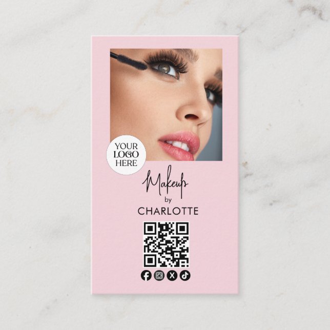 Tarjeta De Visita Blush Pink Script Logo QR Code Photo Makeup (Anverso)
