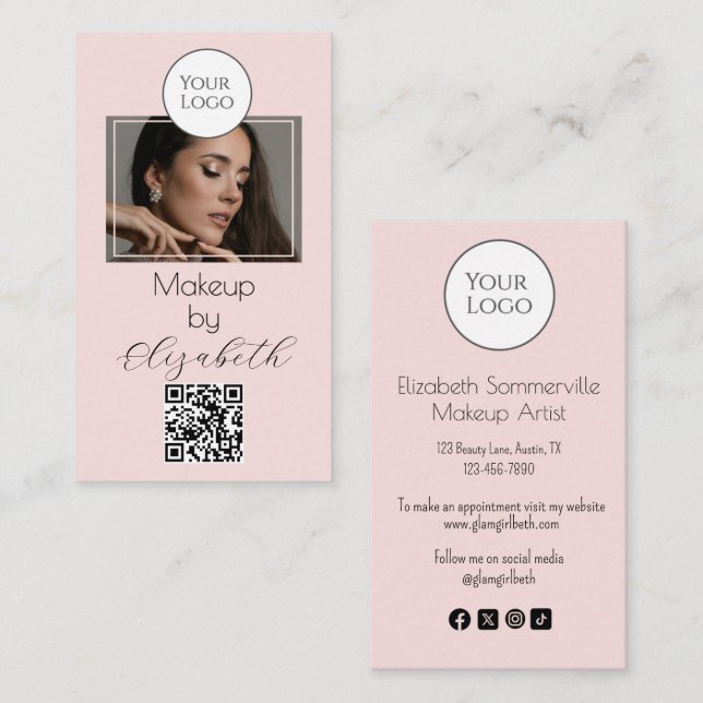 Tarjeta De Visita Blush Pink Script Logo QR Code Photo Makeup (Anverso / Reverso)