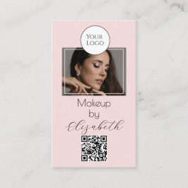 Tarjeta De Visita Blush Pink Script Logo QR Code Photo Makeup