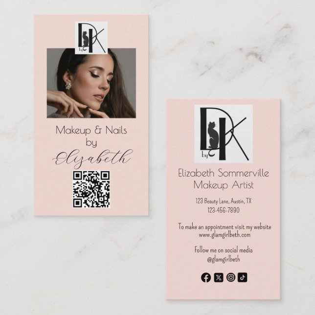 Tarjeta De Visita Blush Pink Script Logo QR Code Photo Makeup  (Anverso / Reverso)