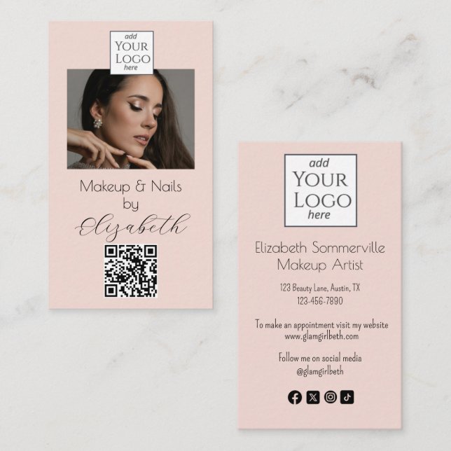 Tarjeta De Visita Blush Pink Script Logo QR Code Photo Makeup  Busin (Anverso / Reverso)
