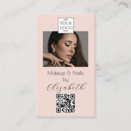 Tarjeta De Visita Blush Pink Script Logo QR Code Photo Makeup  Busin