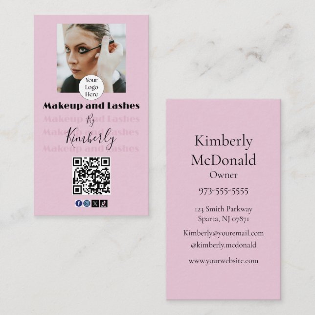 Tarjeta De Visita Blush Pink Script Logo QR Code Photo Makeup/Lashes (Anverso / Reverso)