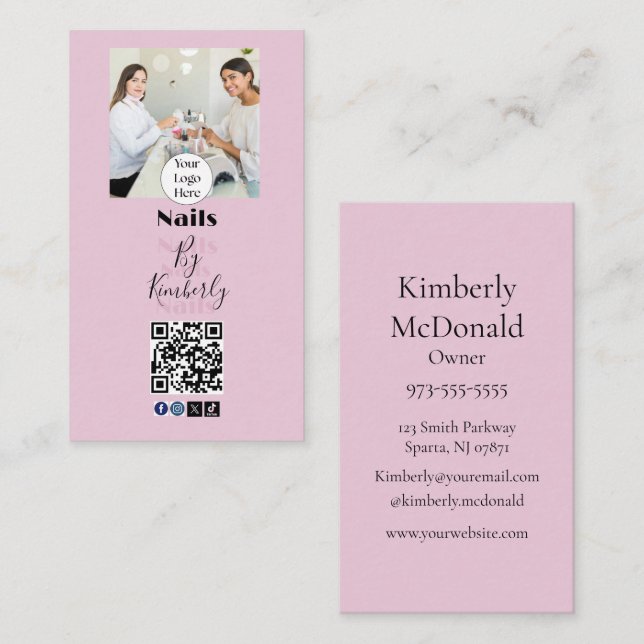 Tarjeta De Visita Blush Pink Script Logo QR Code Photo Nail Salon (Anverso / Reverso)