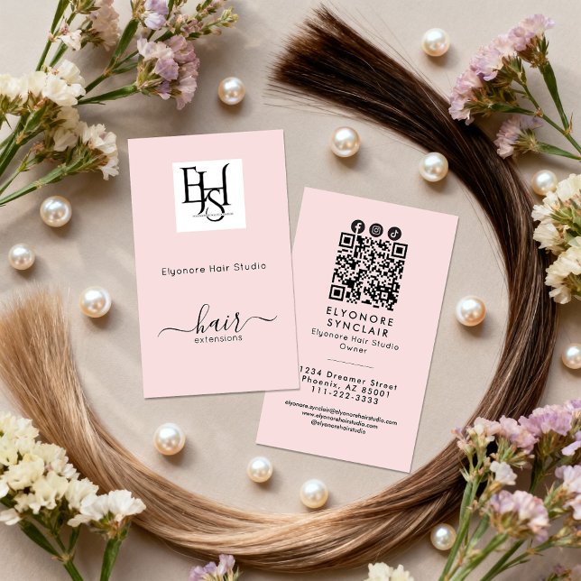 Tarjeta De Visita Blush Pink Script Logo QR Social Hair Extension (Subido por el creador)