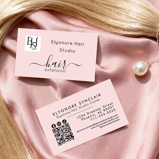 Tarjeta De Visita Blush Pink Script Logo QR Social Hair Extension (Subido por el creador)