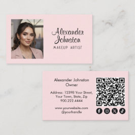 Tarjeta De Visita Blush Pink Script ocial Icon QR Code Photo Makeup