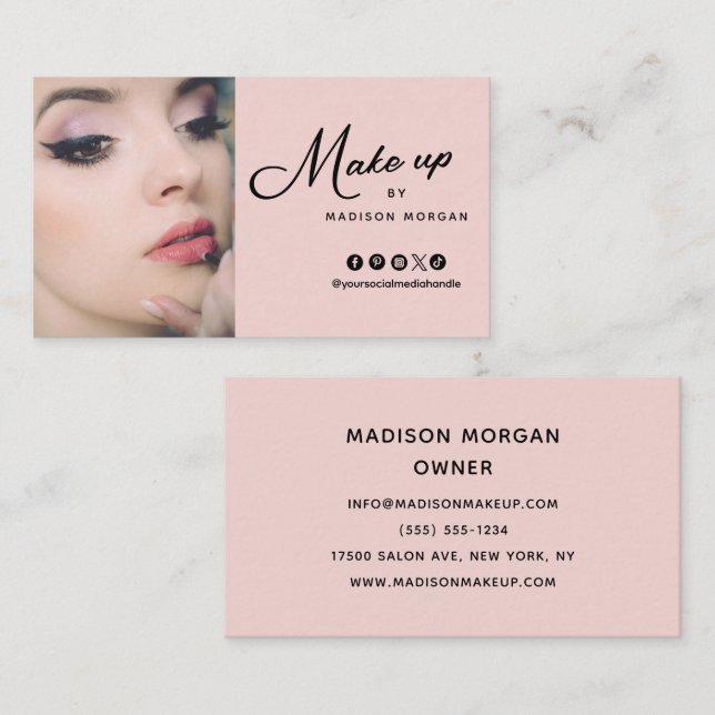 Tarjeta De Visita Blush Pink Script Photo Makeup Business Card (Anverso / Reverso)