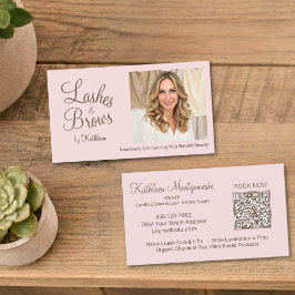 Tarjeta De Visita Blush Pink Script Photo QR Code Lashes and Brows
