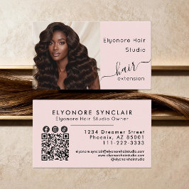 Tarjeta De Visita Blush Pink Script Photo QR Social Hair Extension