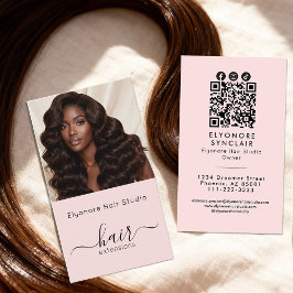 Tarjeta De Visita Blush Pink Script Photo QR Social Hair Extension