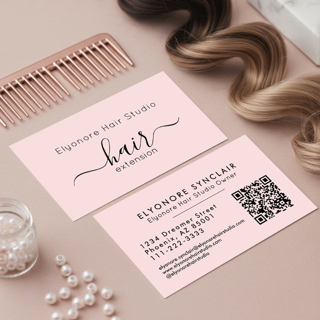 Tarjeta De Visita Blush Pink Script QR Code Hair Extension (Subido por el creador)