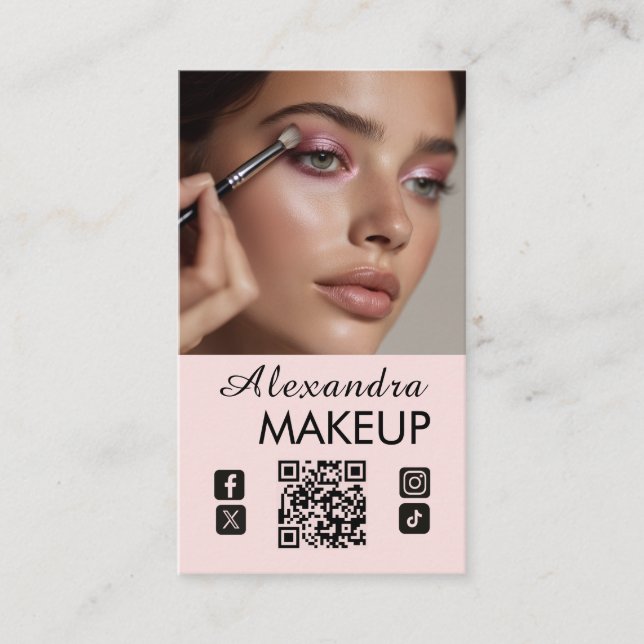 Tarjeta De Visita Blush Pink Script QR Code Photo Makeup (Anverso)