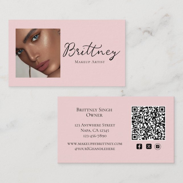 Tarjeta De Visita Blush Pink Script QR Code Photo Makeup (Anverso / Reverso)