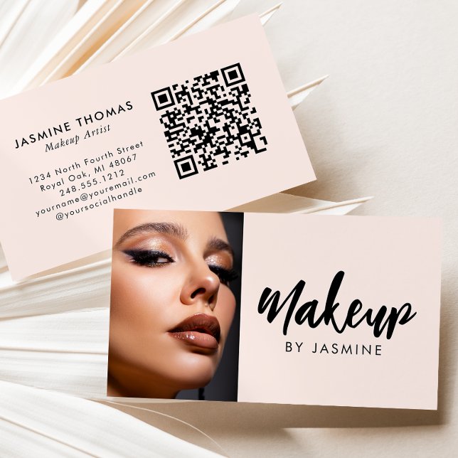 Tarjeta De Visita Blush Pink Script QR Code Photo Makeup (Subido por el creador)