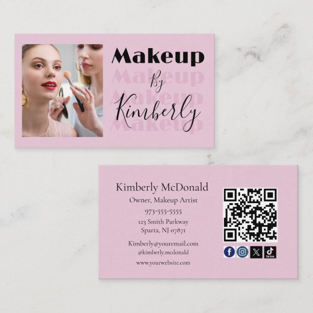 Tarjeta De Visita Blush Pink Script Social Icon QR Code Photo (Anverso / Reverso)