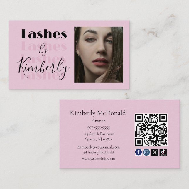 Tarjeta De Visita Blush Pink Script Social Icon QR Code Photo Lashes (Anverso / Reverso)