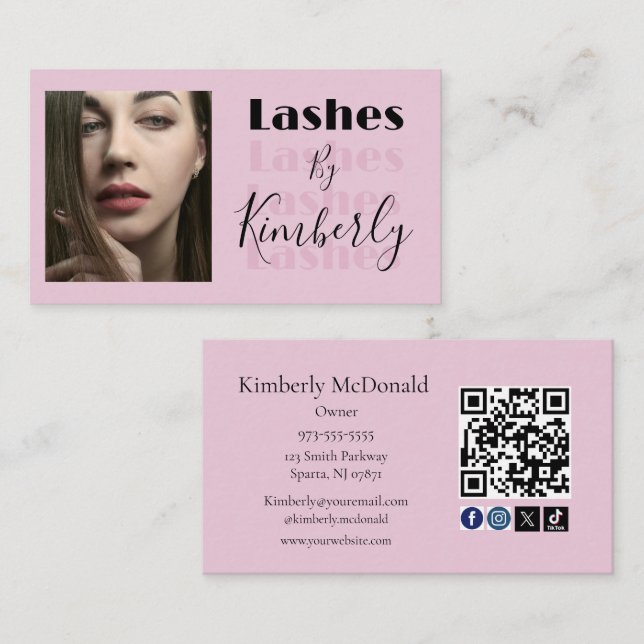 Tarjeta De Visita Blush Pink Script Social Icon QR Code Photo Lashes (Anverso / Reverso)
