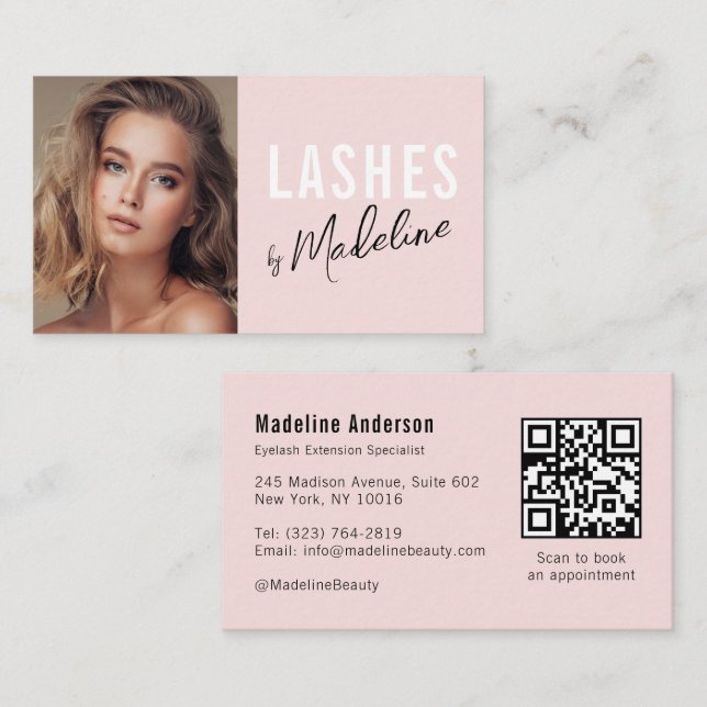 Tarjeta De Visita Blush Pink Script Social Icon QR Code Photo Lashes (Anverso / Reverso)