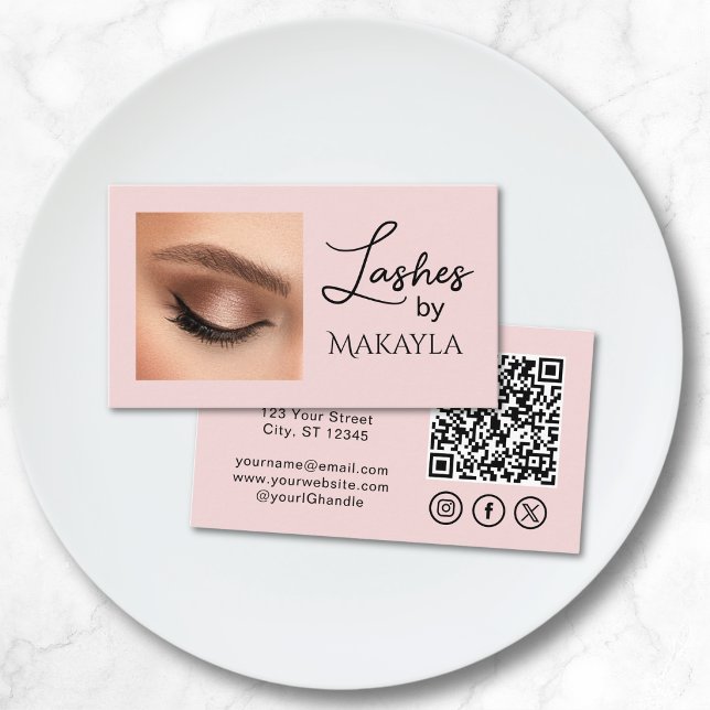 Tarjeta De Visita Blush Pink Script Social Icon QR Code Photo Lashes (Subido por el creador)