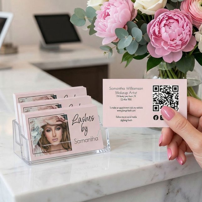 Tarjeta De Visita Blush Pink Script Social Icon QR Code Photo Lashes (Subido por el creador)