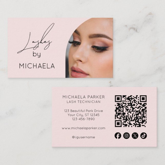 Tarjeta De Visita Blush Pink Script Social Icon QR Code Photo Lashes (Anverso / Reverso)