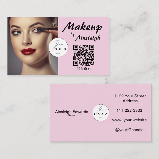Tarjeta De Visita Blush Pink Script Social Icon QR Code Photo Makeup (Anverso / Reverso)