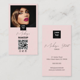 Tarjeta De Visita Blush Pink Script Social Icon QR Code Photo Makeup