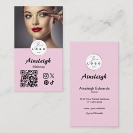 Tarjeta De Visita Blush Pink Script Social Icon QR Code Photo Makeup