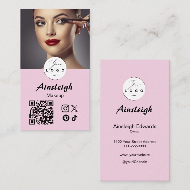 Tarjeta De Visita Blush Pink Script Social Icon QR Code Photo Makeup (Anverso / Reverso)