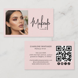 Tarjeta De Visita Blush Pink Script Social Icon QR Code Photo Makeup